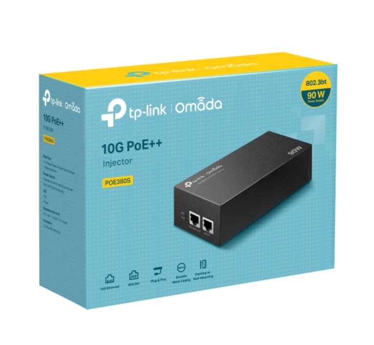 POE380S TP-Link  Omada 10G PoE++ Injector PORT: 1× 10Gbps PoE Port, 1× 10Gbps Non-PoE Port, SPEC: 802.3bt/at/af Compliant, 90 W PoE Power, Data and Pow