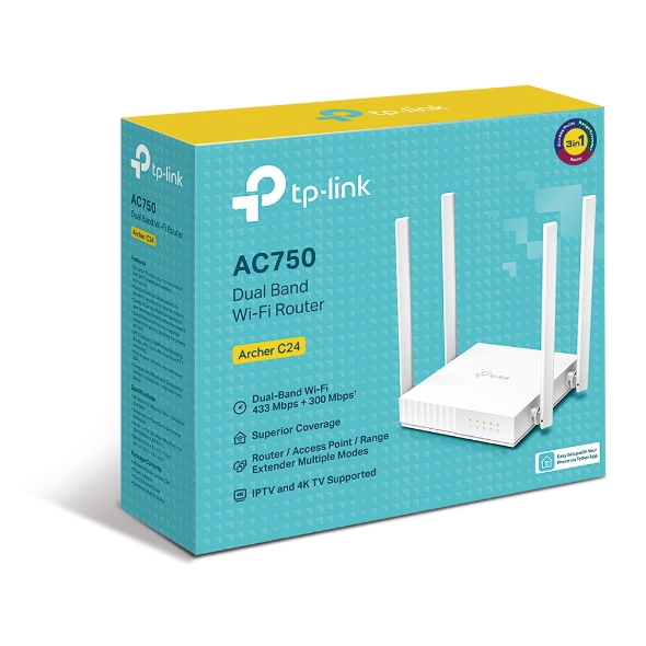 Archer C24 TP-Link  AC750 Dual-Band Wi-Fi Router 2.4GHz 300Mbps 5GHz 433Mbps 4xLAN 1xWAN 4xAntennas, WPS, Router Access Point and Range Extender Modes