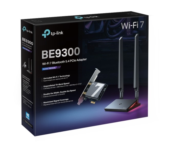 Archer TBE550E TP-Link  BE9300 Wi-Fi 7 Bluetooth 5.4 PCIe Adapter, 6GHz@5760 Mbps, 5GHz@2880 Mbps, 2.4GHz@688 Mbps (wifi7) (NIC)