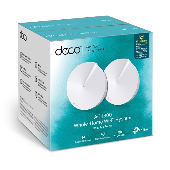 Deco M5(2-pack) TP-Link Deco M5 (2-Pack) Whole Home Mesh Wi-Fi 1300Mbps System, Built-In Antivirus, Quality of Service, Covers 350sqm 2xGbit Port USB-C, BT, Homecare