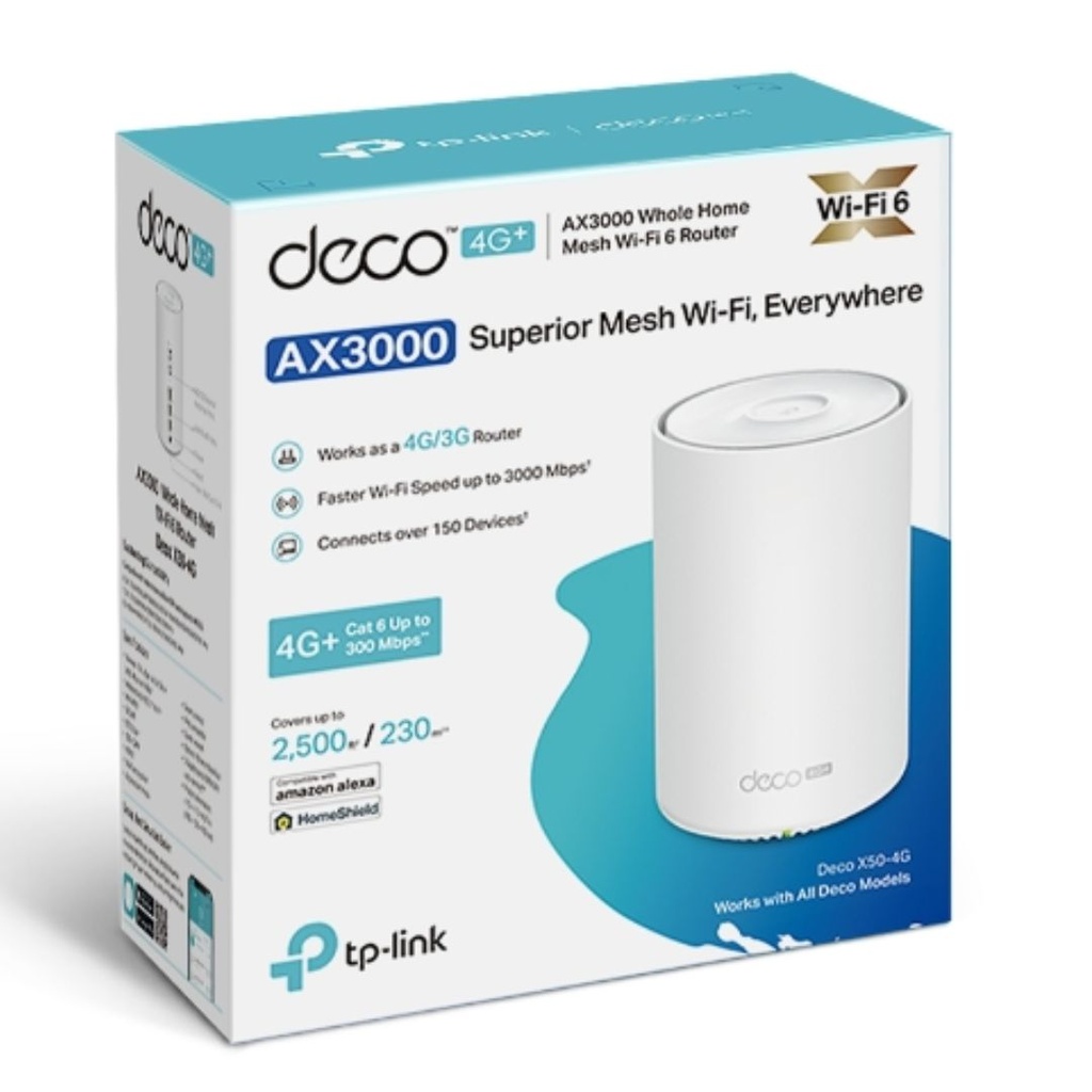 Deco X50-4G(1-pack) TP-Link  4G+ AX3000 Whole Home Mesh Wi-Fi 6 Router, Build-In 300Mbps 4G+ LTE Advanced Modem