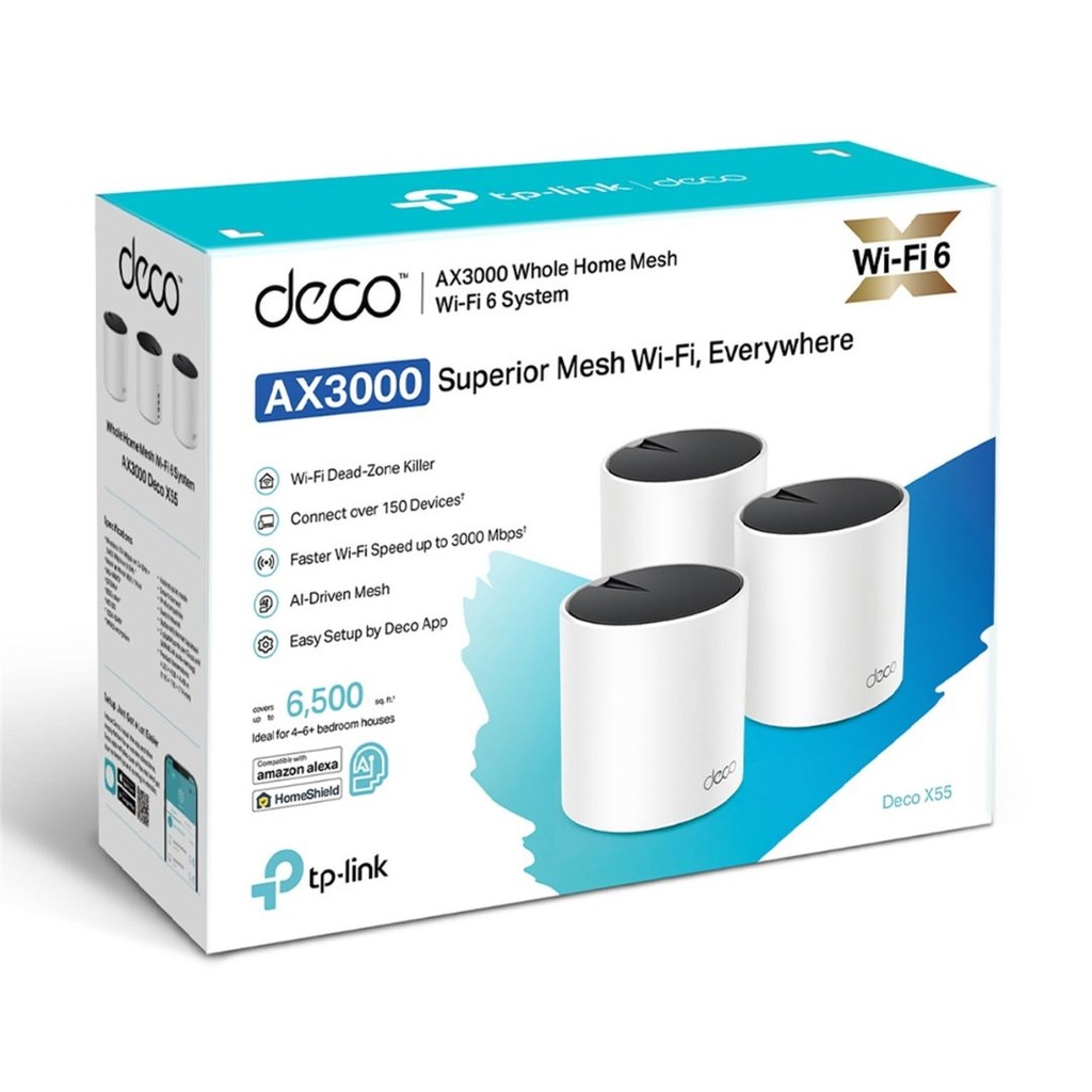 Deco X55(3-pack) TP-Link  AX3000 Whole Home Mesh WiFi 6 Router, Dual-Band with Smart Antennas, MU-MIMO, HomeShield Security