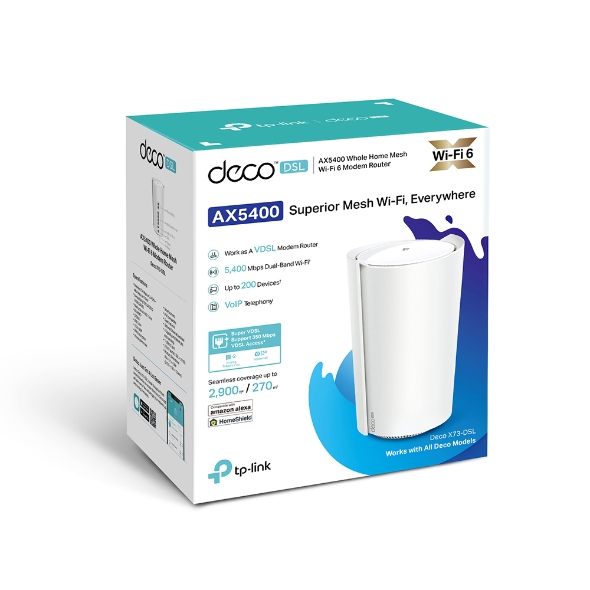 Deco X73-DSL(1-pack) TP-Link Deco X73-DSL AX5400 VDSL Whole Home Mesh Wi-Fi 6 System, 270sqm Coverage For 1-3 Bedroom Houses, Dual-Band, OFDMA, MU-MIMO, Beamforming