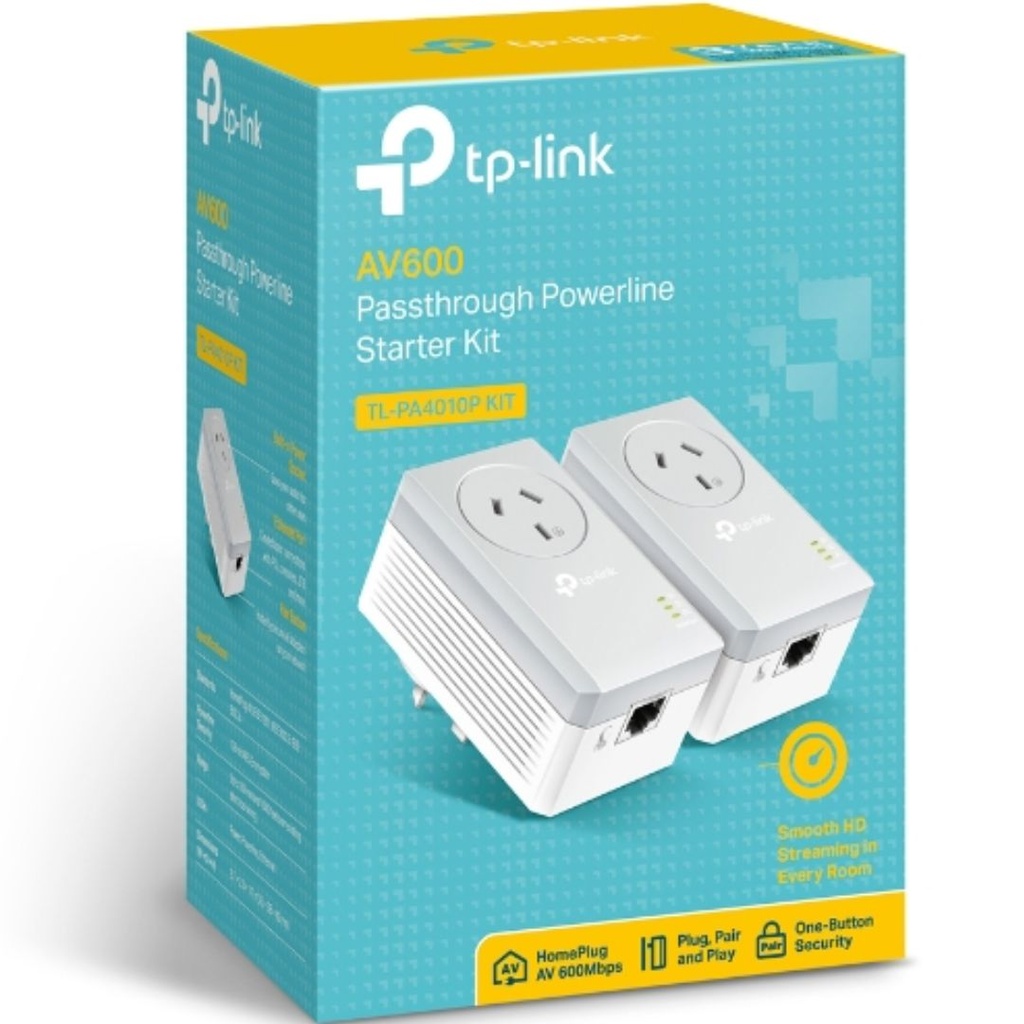 TL-PA4010P KIT TP-Link  AV600 Powerline Adapter with AC Pass Through Starter Kit 600Mbps HomePlug AV 1x100Mbps LAN Power Socket 300m ~TL-PA4016P KIT