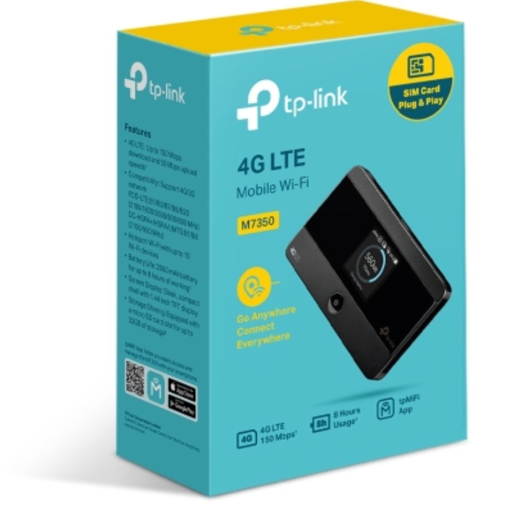 [6935364080525] TP-Link M7350 4G-LTE Mobile Wi-Fi 150Mbps DL 50Mbps UL 4G SIM Card + microSD Slot 2000mAh 8hrs Rechargeable Battery for 10 Devices iOS/Android App