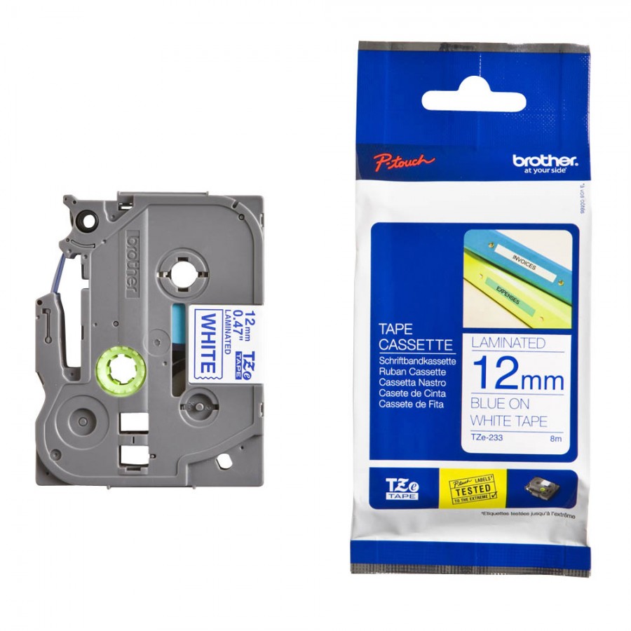 4977766681346 Brother Tape Consumable PTouch 12MM BLUE ON WHITE TZE TAPE