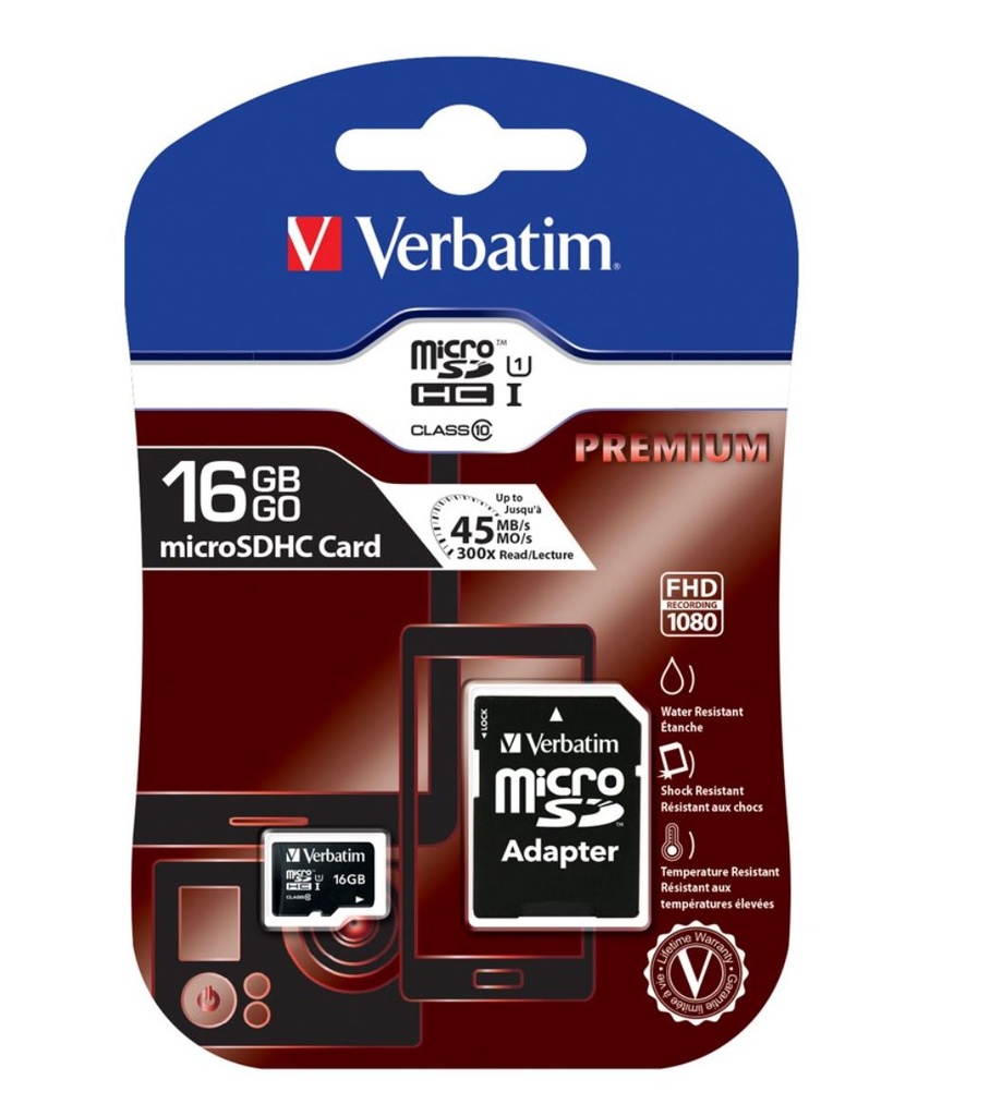 23942440826 Verbatim Micro SDHC 16GB (Class 10) with Adaptor Up to 45MB/Sec 300X read speed