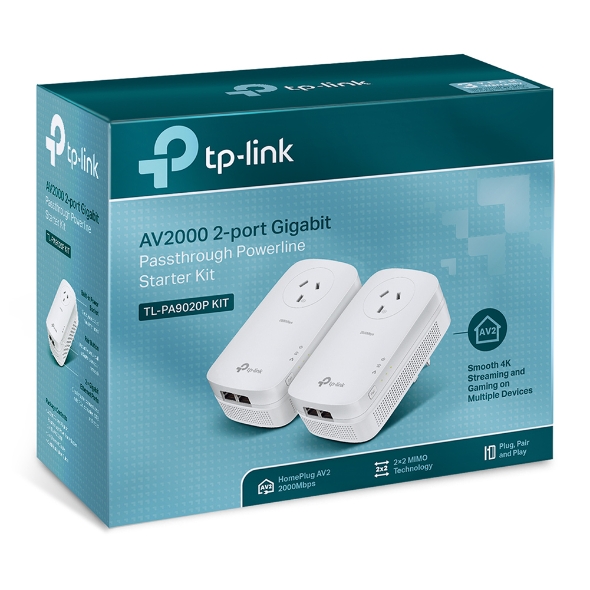 6935364097356 TP-Link TL-PA9020P KIT AV2000 2-Port Gigabit Passthrough Powerline Starter Kit, HomePlug AV2, Up To 2000Mbps, 2X2 MIMO With Beamforming, Plug and Play