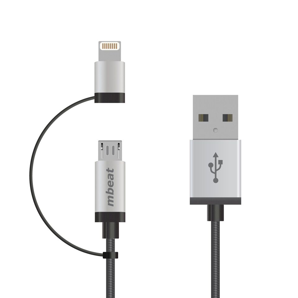 9346396001421 (LS) mbeat® 1m Lightning and Micro USB Data Cable - 2-in-1/Aluminmum Shell Crush-Proof/Nylon Braided/Silver/ Apple/Andriod Tablet Mobile Device