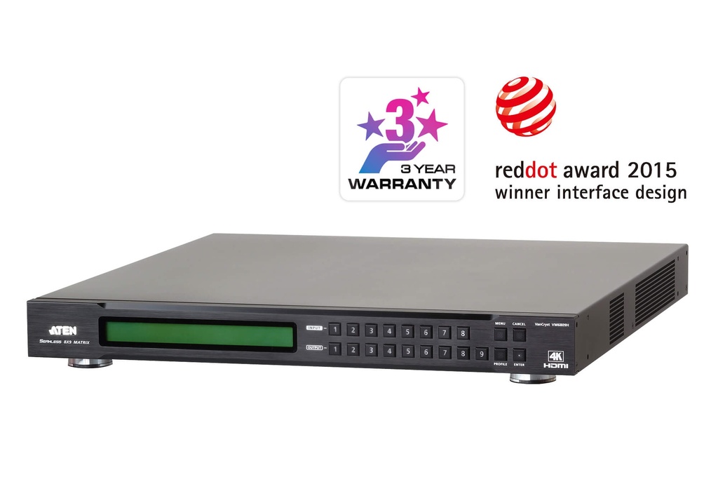 [KLA-VM6809H] Aten Professional Matrix 8x9 4K HDMI Matrix with Scaler, Seamless Switch, control via front-panel pushbuttons, IR remote and RS232 control