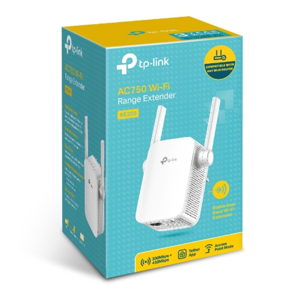 6935364080976 TP-Link RE205 AC750 Wi-Fi Range Extender, Dual Band: 2.4GHz @ 300Mbps, 5GHz @ 433Mbps.