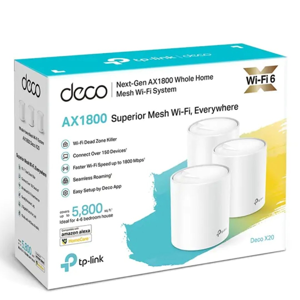 6935364086947 TP-Link Deco X20(3-pack) AX1800 Whole Home Mesh Wi-Fi System, Up To 530 sqm Coverage, WIFI6, 1201Mbps @ 5Ghz, 574Mbps @ 2.4 GHz OFDMA, MU-MIMO (WIFI6)