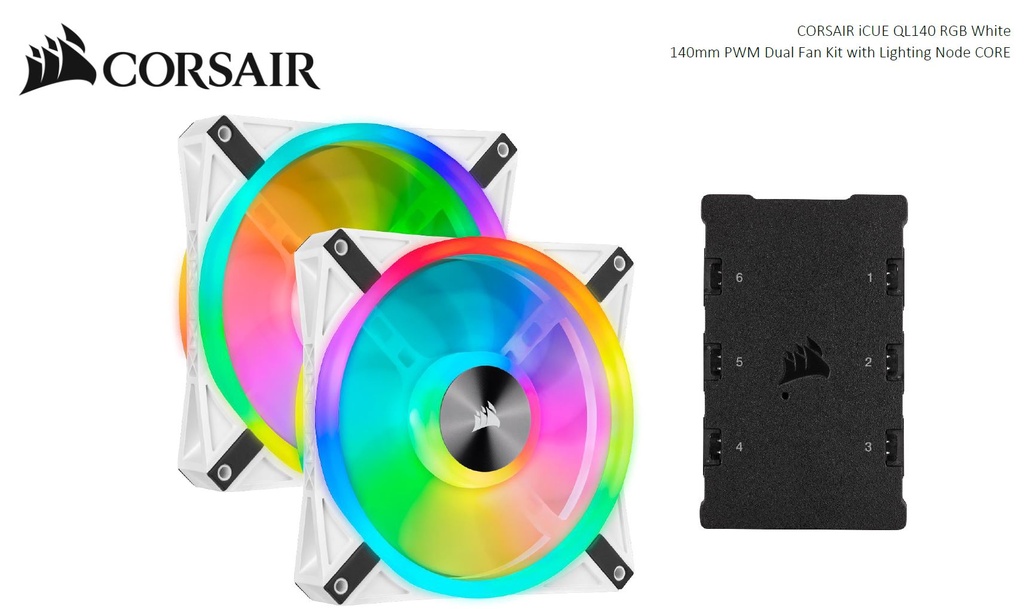 [840006619529] Corsair QL140 RGB White Dual Fan Kit with Lighting Node Core, ICUE, 140mm RGB LED PWM Fan 26dBA, 50.2 CFM, 2 Fan Pack