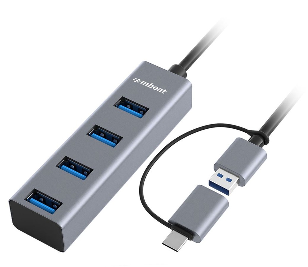 [9346396003029] mbeat® 4-Port USB 3.0 Hub with 2-in-1 USB 3.0  USB-C Converter - Space Grey transfer speeds up to 5Gbps  Material: Aluminium Weight: 48g