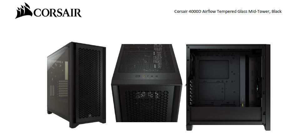 [840006621904] Corsair Carbide Series 4000D Airflow ATX Tempered Glass Black, 2x 120mm Fans pre-installed. USB 3.0 and Type-C x 1, Audio I/O. Case