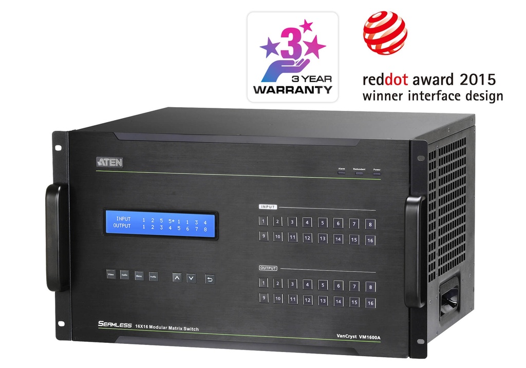 VM1600A-AT-U Aten 16x16 Modular Digital Matrix with Scaler, Seamless Switch, Hot-swappable Aten I/O boards, control via front-panel pushbuttons (PROJECT)