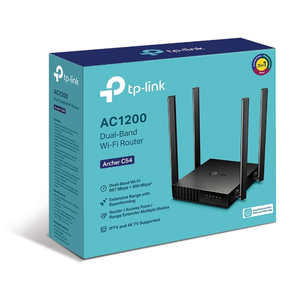 6935364089337 TP-Link Archer C54 AC1200 Dual-Band Wi-Fi Router 2.4GHz 300Mbps 5GHz 867Mbps 4xLAN 1xWAN 4xAntennas, WPS, Router Access Point and Range Extender Modes
