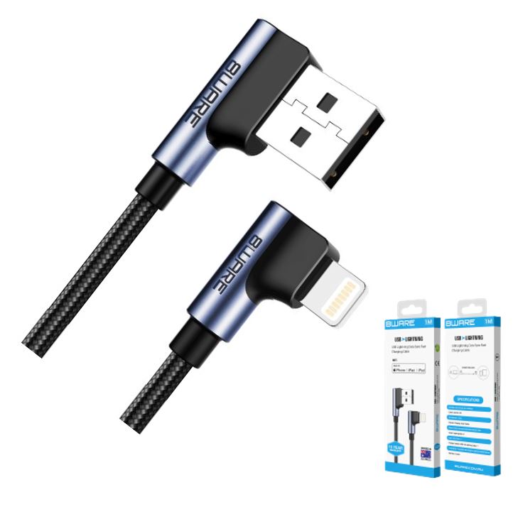 754523500225 8Ware Premium 1m Apple Certified 90 Degree Angle USB A  to Lightning Data Sync Fast Charging Cable for iPhone 12 X XS XR Max 8 iPad Air Retail ~CB8W-I