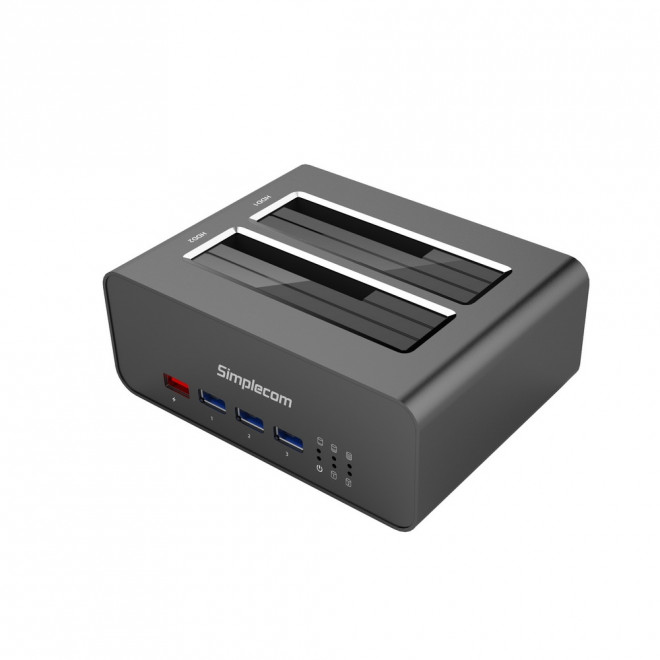 9350414001355 Simplecom SD352 USB 3.0 to Dual SATA Aluminium Docking Station with 3-Port Hub and 1 Port 2.1A USB Charger