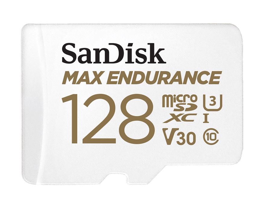 619659178529 SanDisk Max Endurance 128GB microSD 100MB/s 40MB/s 20K hrs 4K UHD C10 U3 V30 -40°C to 85°C Heat Freeze Shock Temperature Water X-ray Proof SD Adapter