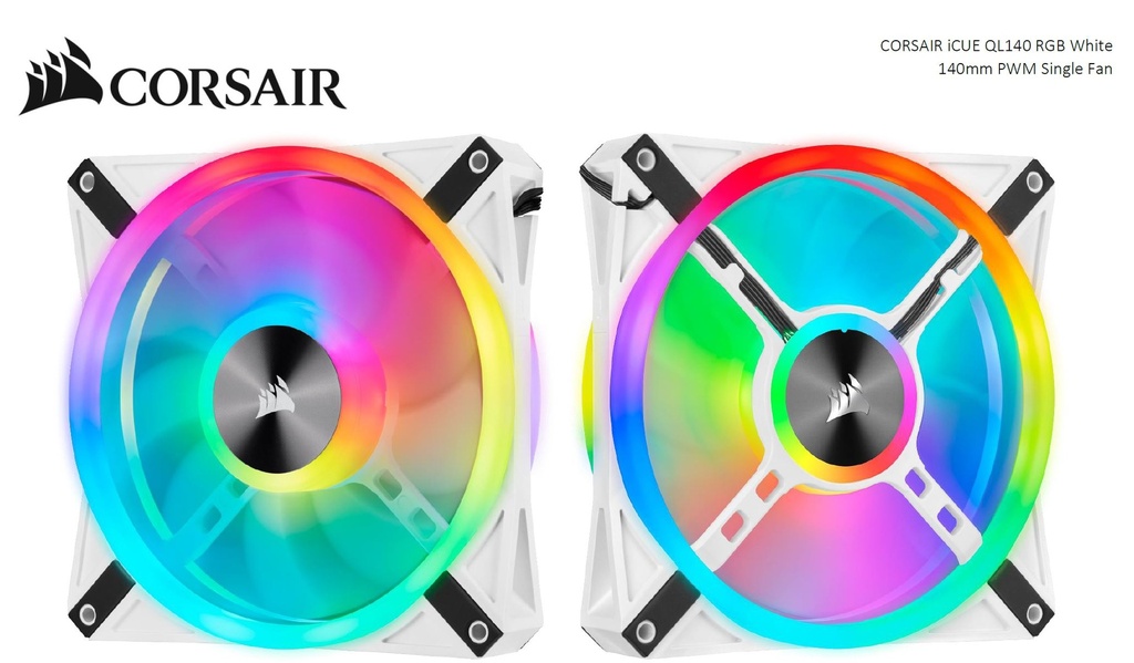 840006619512 Corsair QL140 RGB White, ICUE, 140mm RGB LED PWM Fan 26dBA, 50.2 CFM, Single Pack