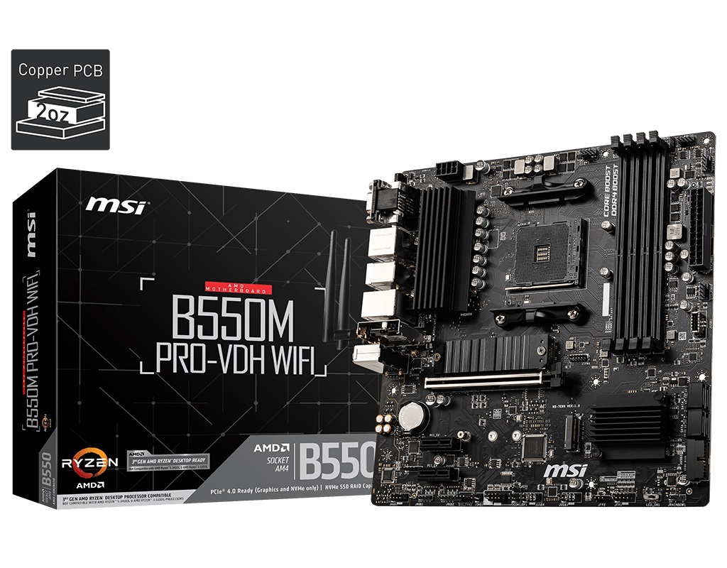 [4719072733698] MSI B550M PRO-VDH WIFI AM4 MATX MB 4xDDR4 3xPCIE 2xM.2 HDMI VGA DP RAID LAN 4xSATAIII 5xUSB3.2 6xUSB2.0