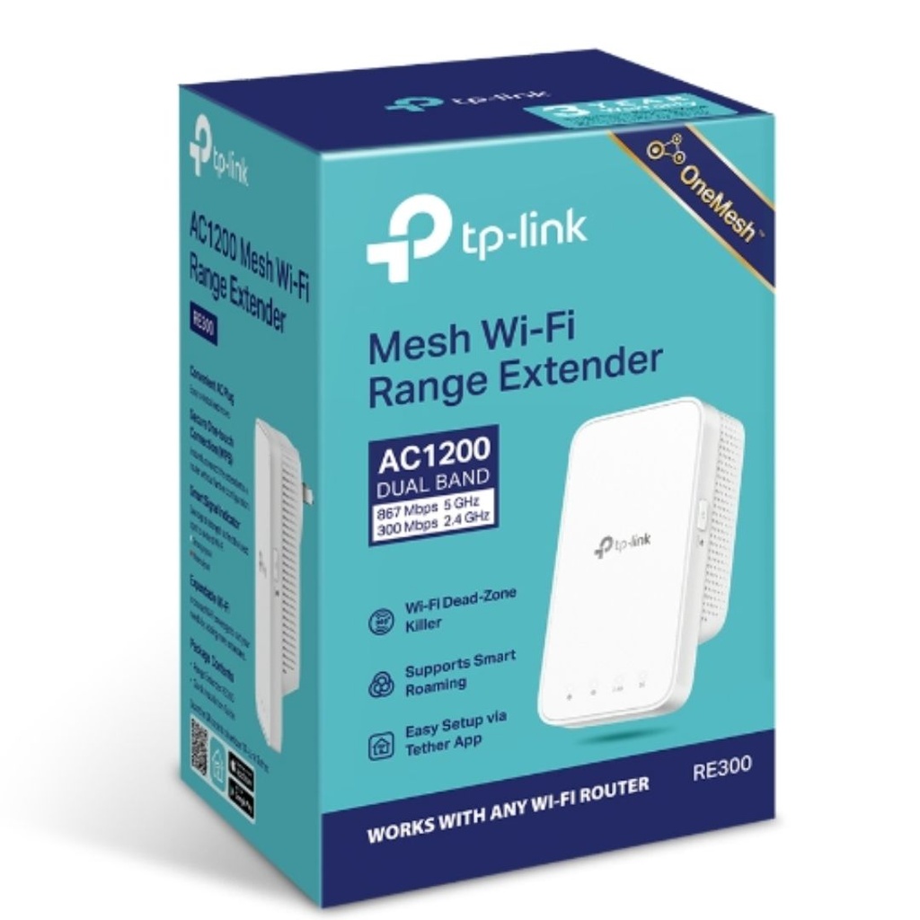 6935364084608 TP-Link RE300 AC1200 Mesh Wi-Fi Range Extender (OneMesh Capable) 2.4GHz@300Mbps, 5GHz@867Mbps (OneMesh)