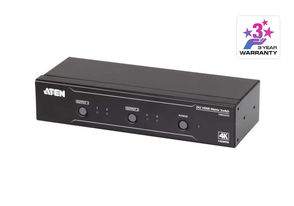 4719264645501 Aten 2x2 4K HDMI Matrix, control via front-panel pushbuttons, IR remote and RS232 control, EDID management