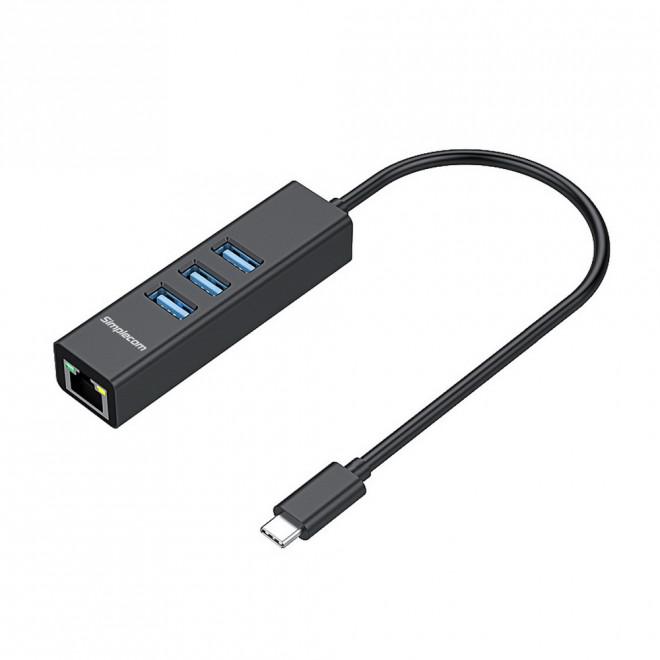 [9350414001973] Simplecom CHN421 Black Aluminium USB-C to 3 Port USB HUB with Gigabit Ethernet Adapter