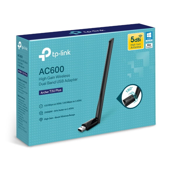 6935364099862 TP-Link Archer T2U Plus AC600 High Gain Wi-Fi Dual Band USB Adapter,433Mbps at 5GHz + 200Mbps at 2.4GHz, USB 2.0, 1 high gain antenna