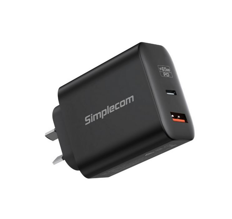 9350414002741 Simplecom CU265 Dual Port PD 65W GaN Fast Wall Charger USB-C + USB-A for Phone Laptop