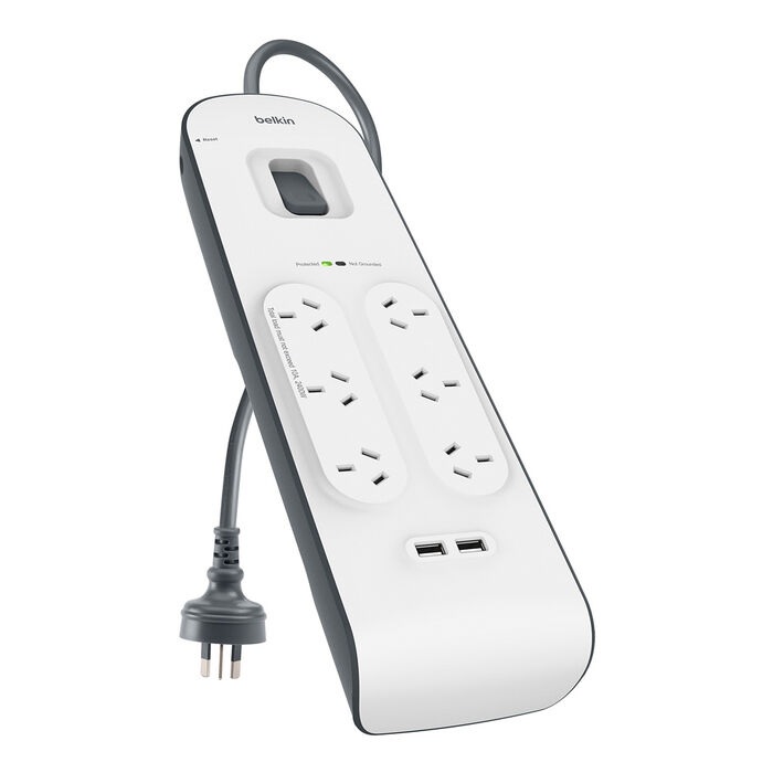 745883651016 Belkin BSV604 6-Outlet 2-Meter Surge Protection Strip with two 2.4 amp USB charging ports, CEW $30,000,2YR, Power Board
