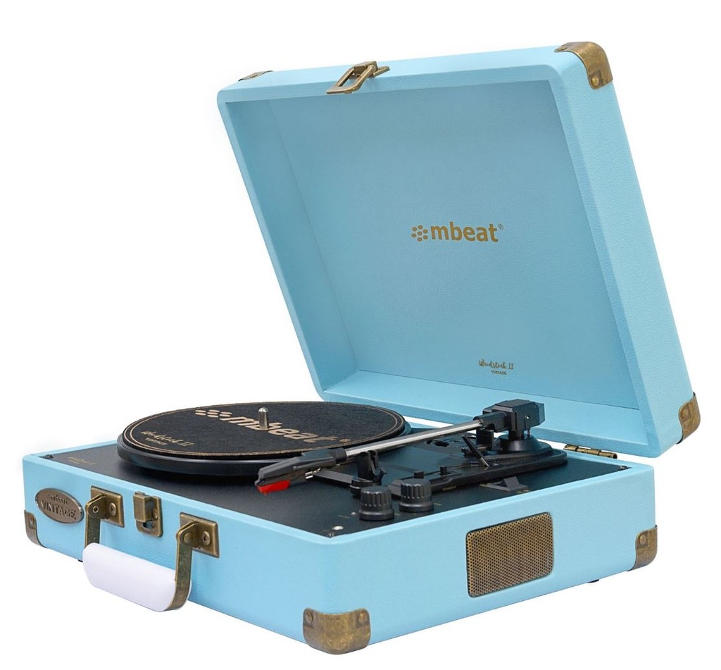 9346396002794 mbeat®  Woodstock 2 Sky Blue Retro Turntable Player with BT Receiver  Transmitter Built-in Bluetooth receiver eaturing 3 speed settings Weight: 3.2kg