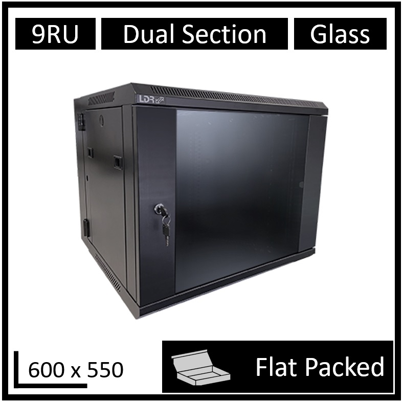 DS550-9U-FP LDR Flat Packed 9U Hinged Wall Mount Cabinet (600mm x 550mm) Glass Door - Black Metal Construction - Top Fan Vents - Side Access Panels