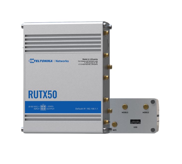 4779051840250 Teltonika RUTX50 Industrial 5G Router, 5G dual SIM cellular, 5 Gigabit Ethernet ports, dual-band WI-Fi, PSU included