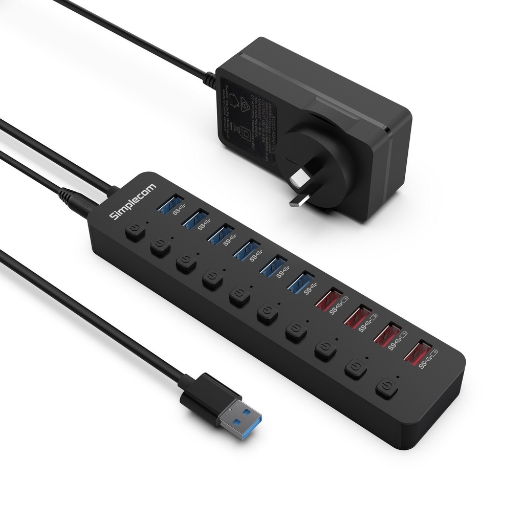 [9350414002918] Simplecom CHU810 48W 10-Port USB 3.0 Hub and Charger with Individual Switches 12V/4A Power Adapter BC1.2 Fast Charging