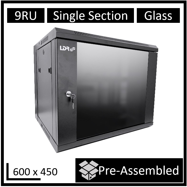 RCLDR-SS450-9U-A LDR Assembled 9U Wall Mount Cabinet (600mm x 450mm) Glass Door - Black Metal Construction - Top Fan Vents - Side Access Panels