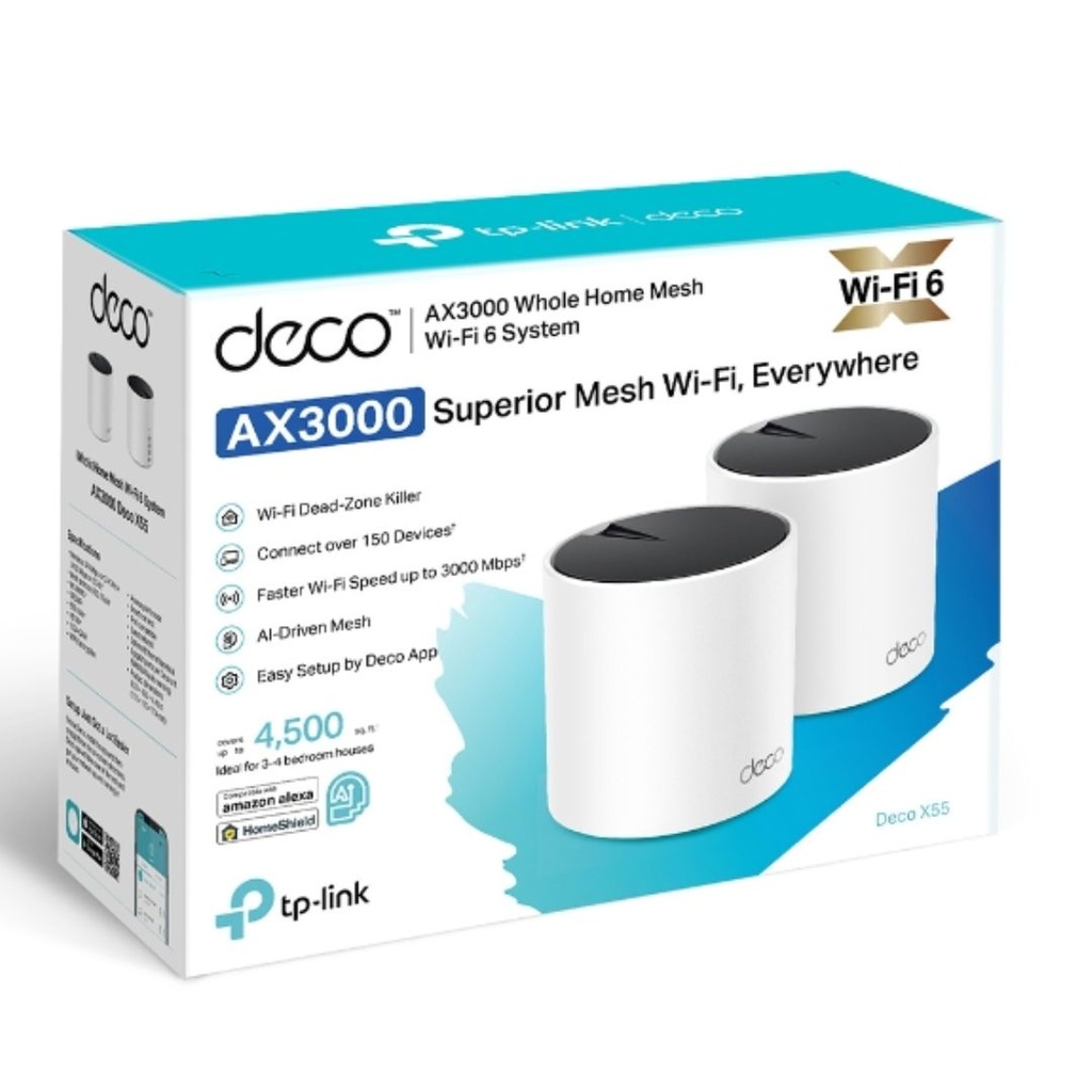 4897098683002 TP-Link Deco X55(2-pack) AX3000 Whole Home Mesh WiFi 6 Router, Dual-Band with Smart Antennas, MU-MIMO, HomeShield Security