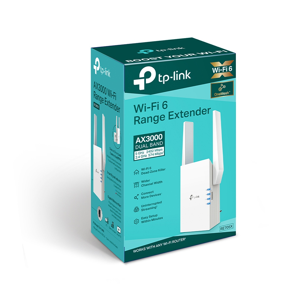 4897098682159 TP-Link RE705X AX3000 Mesh WiFi 6 Extender 574Mbps@2.4GHz 2402Mbps@5GHz, 1x Gigabit Ethernet Port, 2x External Antennas