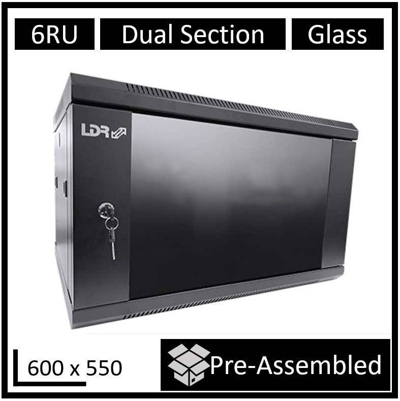 [RCLDR-DS550-6U-A] LDR Assembled 6U Hinged Wall Mount Cabinet (600mm x 550mm) Glass Door - Black Metal Construction - Top Fan Vents - Side Access Panels