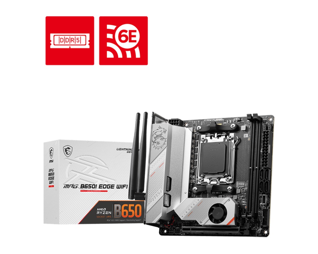 [4711377010146] MSI MPG B650I EDGE WIFI AMD AM5 M-ITX Motherboard, 2x DDR5 ~64GB, 1x PCI-E x16, 2x M.2, 4x SATA, 2x USB2.0, 5x USB 3.2, 1x USB-C