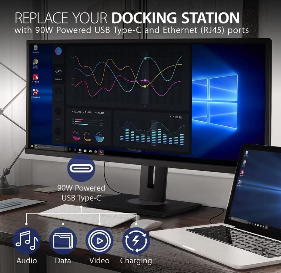 766907011548 ViewSonic 34" WQHD 3440 x 1440, USB-C Dock, 90w Charger,Ethernet, FreeSync, Speaker, VDisplay, HAS, Superclear VA, VG3456 Business  Education Monitor