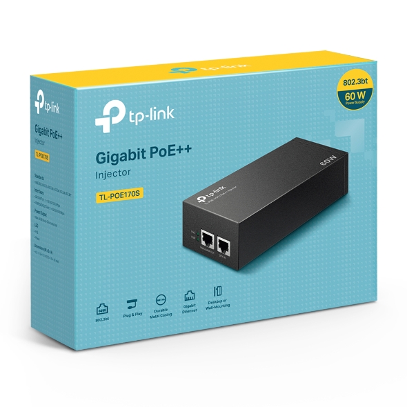 [4897098683897] TP-Link TL-POE170S Omada PoE++ Injector, 2 Gigabit Ports, 802.3af/at/bt, Integrated Power Supply, Wall Mountable, Plug  Play