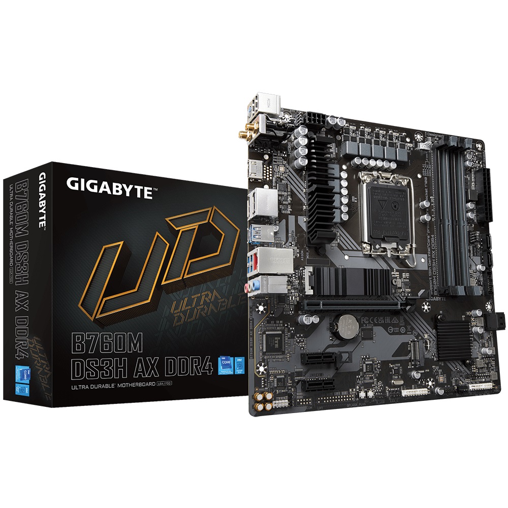 [4719331850869] Gigabyte B760M DS3H AX DDR4 Intel LGA 1700 m-ATX Motherboard, 4x DDR4 ~128GB, 1x PCI-E x16, 1x PCI-E x1, 2x M.2, 4x SATA, 3x USB 3.2, 2x USB 2.0, 1x T