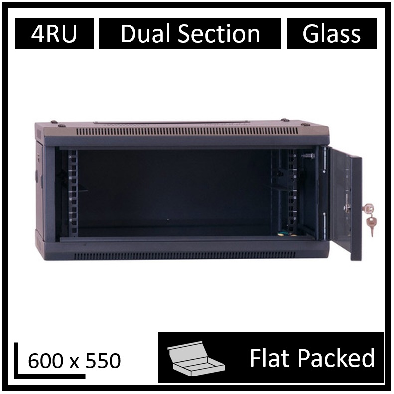 [DS550-4U-FP] LDR Flat Packed 4U Hinged Wall Mount Cabinet (600mm x 550mm) Glass Door - Black Metal Construction - Top Fan Vents - Side Access Panels