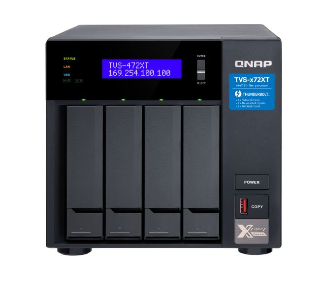 4713213519318 QNAP TVS-472XT-I3-4G 4Bay NAS Intel I3 4GB DDR4 2xSlot 2Xm.2 2280 PCle Hot-swappable 2xGbE 1x10GBASE-T WOL 2xThunderbolt Port 2xPCle 2xUSB3.2yr WTY