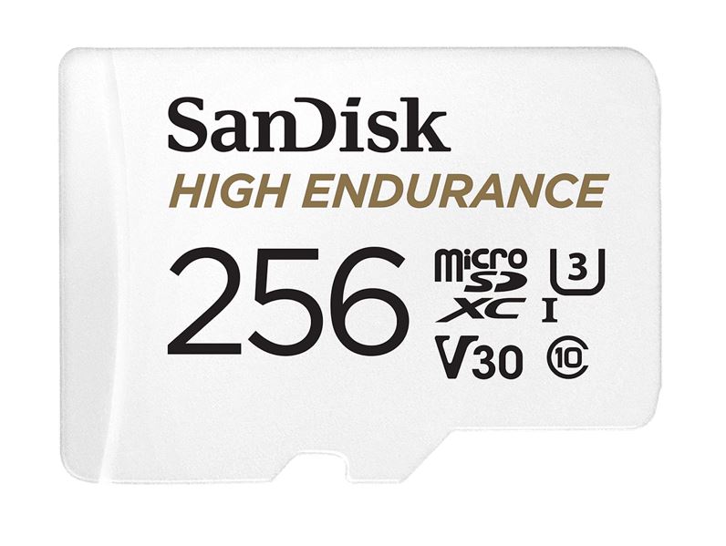 [619659173227] SanDisk High Endurance 256GB microSD 100MB/s 40MB/s 20K hrs 4K UHD C10 U3 V30 -40°C to 85°C Heat Freeze Shock Temperature Water X-ray Proof SD Adapter