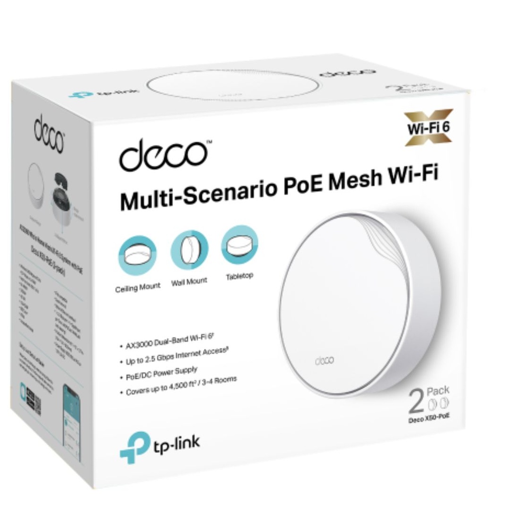 4897098689837 TP-Link Deco X50-PoE(2-pack) AX3000 Whole Home Mesh WiFi 6 System with PoE,  574 Mbps at 2.4 GHz + 2402 Mbps at 5 GHz