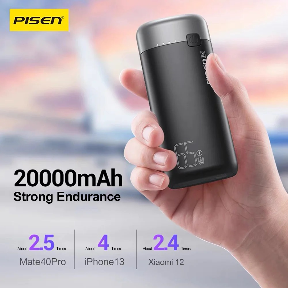 6902957190350 Pisen PRO Triple Port 20k mAh (65W) Laptop Power Bank - Black, 2x USB-A  1x USB-C, LED Digital Display, Smart Protection Chip, Prevents Overcharge