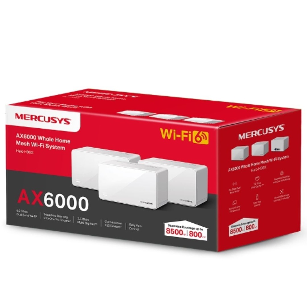 6957939000950 Mercusys Halo H90X(3-pack) AX6000 Whole Home Mesh Wi-Fi 6 System, 6000 Mbps Dual Band Wi-Fi, Up to 800 Square Meters, 1148/4804 Mbps, MU-MIMO (WIFI6)